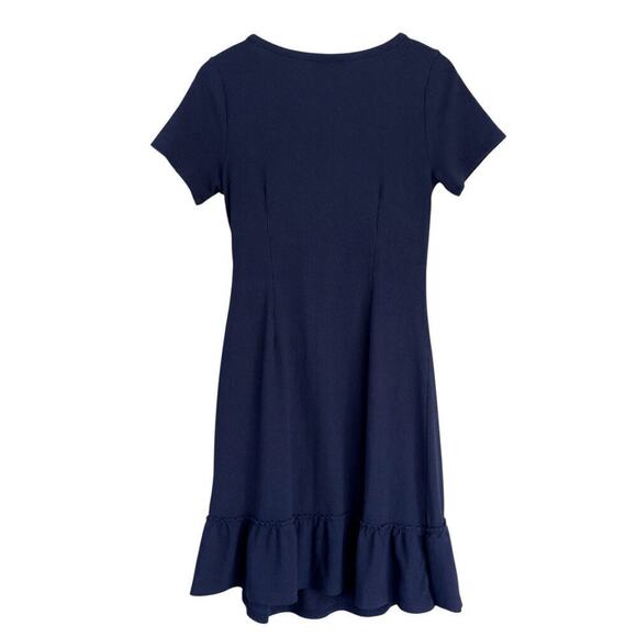 A Pea in the Pod Dress sz LARGE Side Tie Ruffle Hem Minidress Navy Blue Stretch - Picture 4 of 9